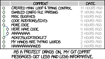 xkcd comic with commits in a table from 14h to 2h ago, starting with extremely useful commits like "created main loop & timing control", and becoming extremely unhelpful messages for the latest commits, like 'AAAAAA' or "asdfasdf".