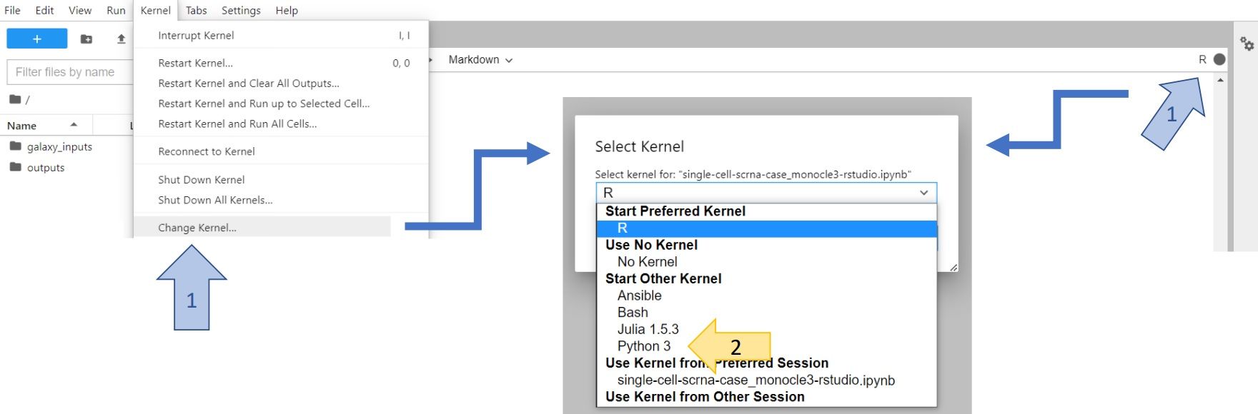 Figure showing the JupyterLab interface with an arrow pointing to the left corner, showing the option `Kernel` -> `Change Kernel...` and another arrow pointing to the right corner, showing the icon of the current kernel. The pop-up window asks which kernel should be chosen instead.
